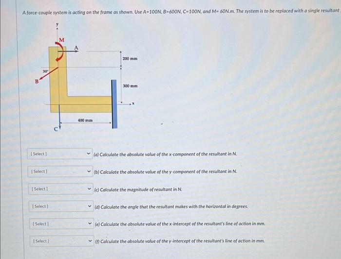 A Force Couple System Is Acting On The Frame As Shown Use A 100n B 600n C 100n And M 60n M The System Is To Be Rep 1