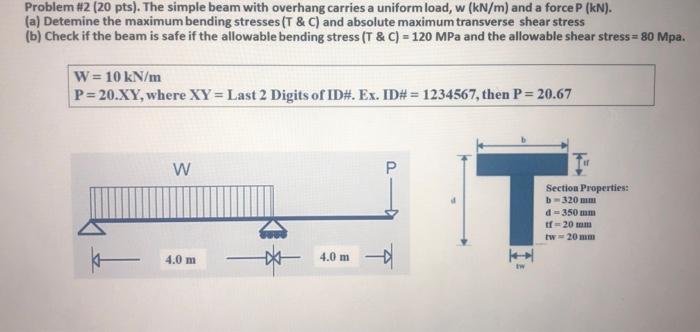 Problem 2 20 Pts The Simple Beam With Overhang Carries A Uniform Load W Kn M And A Force P Kn A Detemine The 1