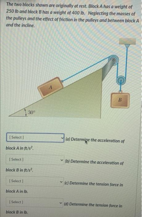 The Two Blocks Shown Are Originally At Rest Block A Has A Weight Of 250 Lb And Block B Has A Weight Of 400 Lb Neglecti 1