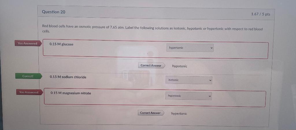You Answered Correct You Answered Question 20 Red Blood Cells Have An Osmotic Pressure Of 7 65 Atm Label The Following 1
