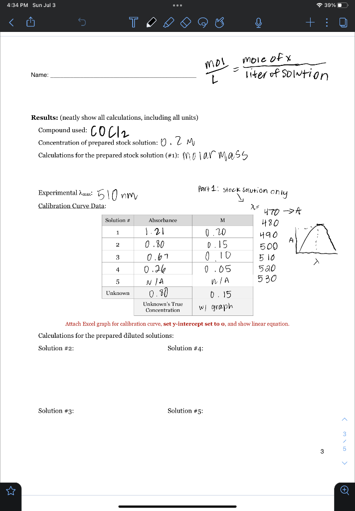 4 34 Pm Sun Jul 3 O Name S Experimental Asas 510 Nm Calibration Curve Data Results Neatly Show All Calculations 1