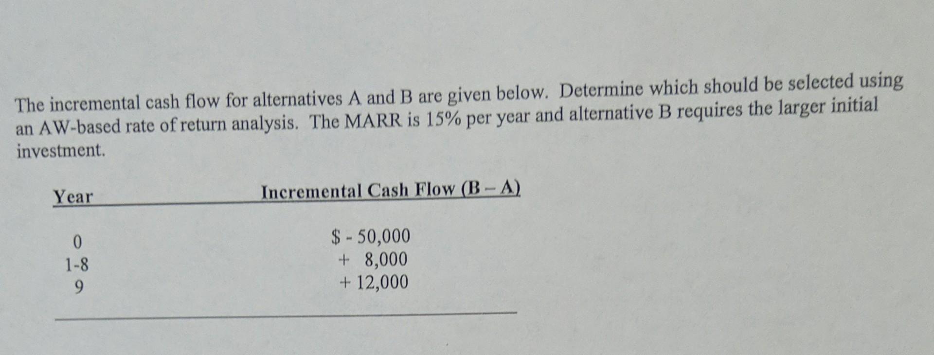 The Incremental Cash Flow For Alternatives A And B Are Given Below Determine Which Should Be Selected Using An Aw Based 1