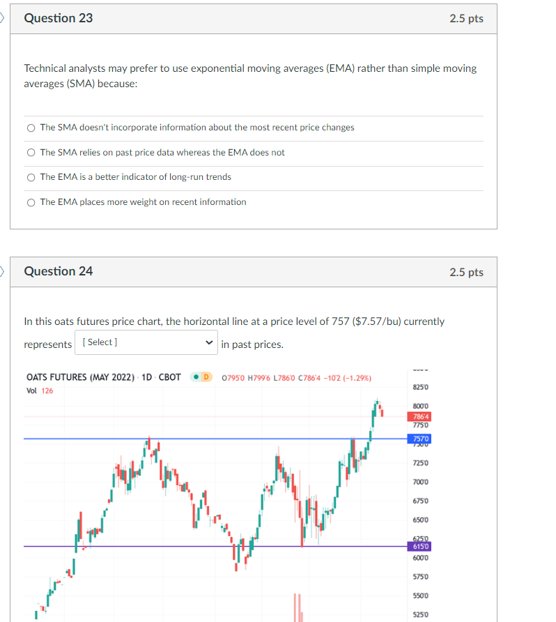 Question 23 2 5 Pts Technical Analysts May Prefer To Use Exponential Moving Averages Ema Rather Than Simple Moving Ave 1