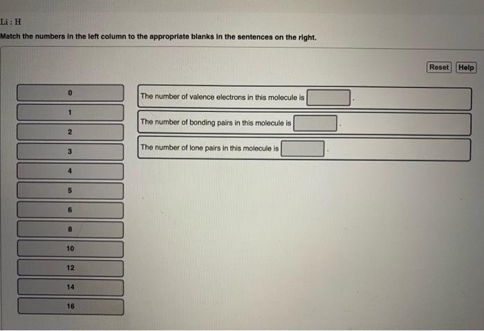 Li H Match The Numbers In The Left Column To The Appropriate Blanks In The Sentences On The Right 0 2 3 4 5 8 10 12 14 1
