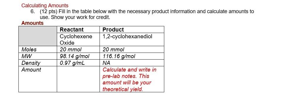 Calculating Amounts 6 12 Pts Fill In The Table Below With The Necessary Product Information And Calculate Amounts To 1