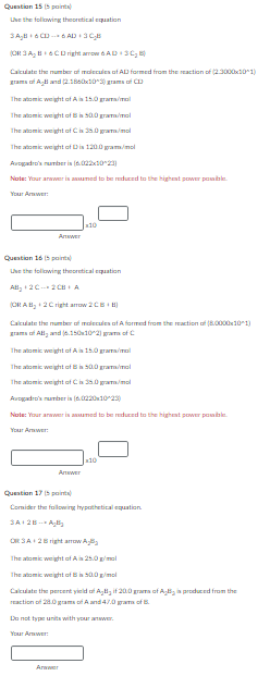 Question 15 5 Points Use The Following Theoretical Equation 3a B 6cd6ad 3c B Or 3a B 6cd Right Arrow Ad 30 Calculate 1