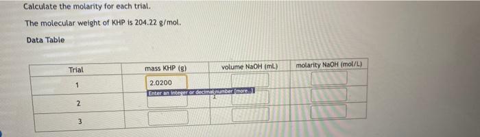 Calculate The Molarity For Each Trial The Molecular Weight Of Khp Is 204 22 G Mol Data Table Trial 1 2 3 Volume Naoh 1
