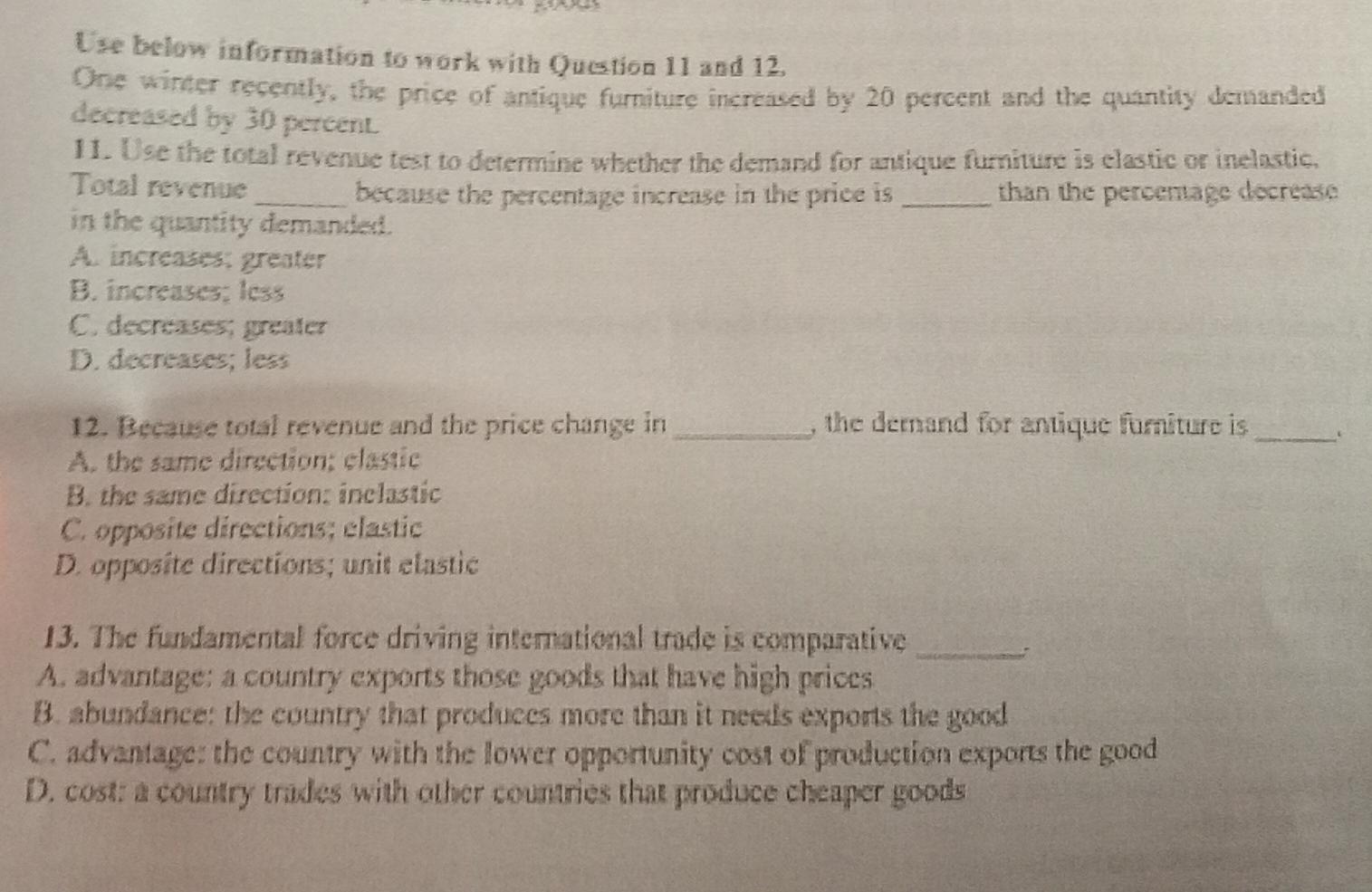 Le Below Information To Work With Question 11 And 12 One Winter Recently The Price Of Antique Furniture Increased By 20 1