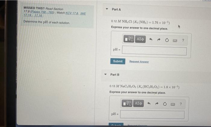 Missed This Read Section 17 8 Pages 758 765 Watch Kcv 17 8 Iwe 17 14 17 16 Determine The Ph Of Each Solution Y P 1
