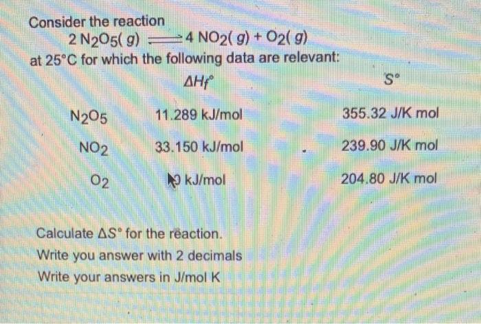 Consider The Reaction 2 N205 G 4 No2 G O2 G At 25 C For Which The Following Data Are Relevant Ahf N205 No2 02 11 2 1