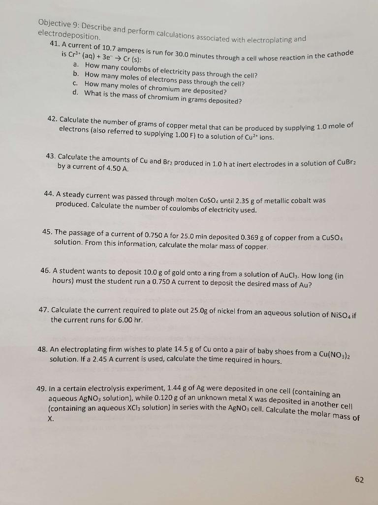 Objective 9 Describe And Perform Calculations Associated With Electroplating And Electrodeposition 41 A Current Of 10 1