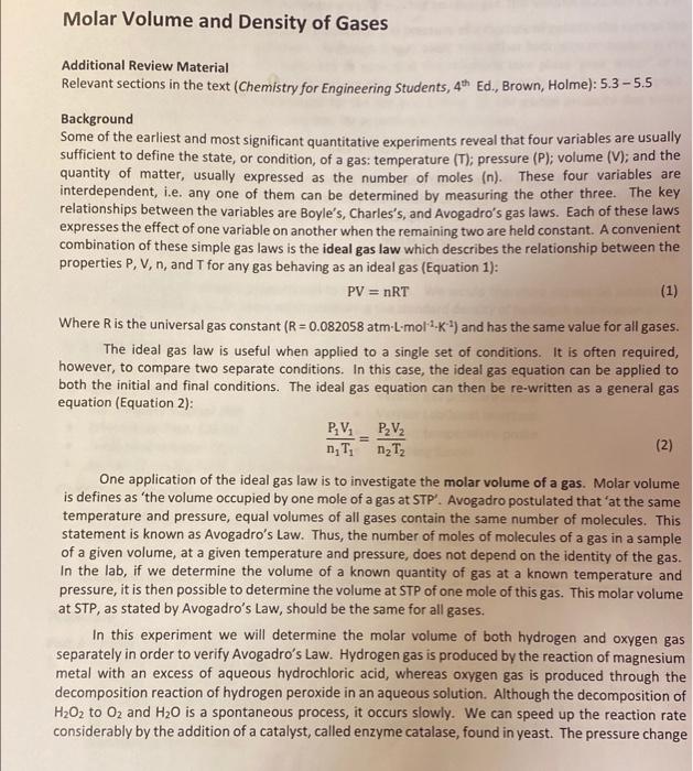 Molar Volume And Density Of Gases Additional Review Material Relevant Sections In The Text Chemistry For Engineering St 1