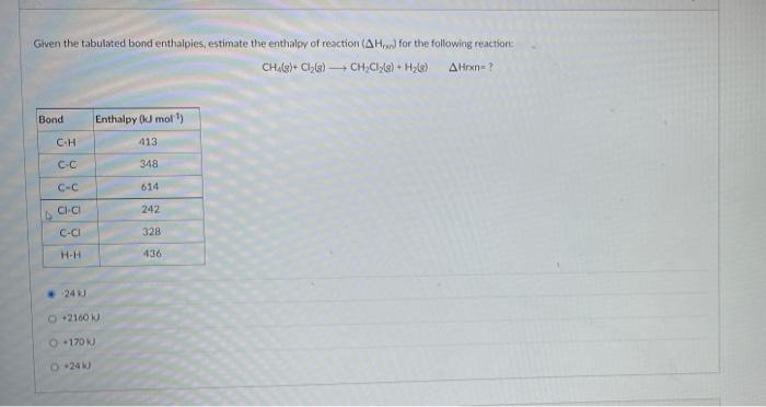 Given The Tabulated Bond Enthalpies Estimate The Enthalpy Of Reaction Ah For The Following Reaction Ch G Cl G 1