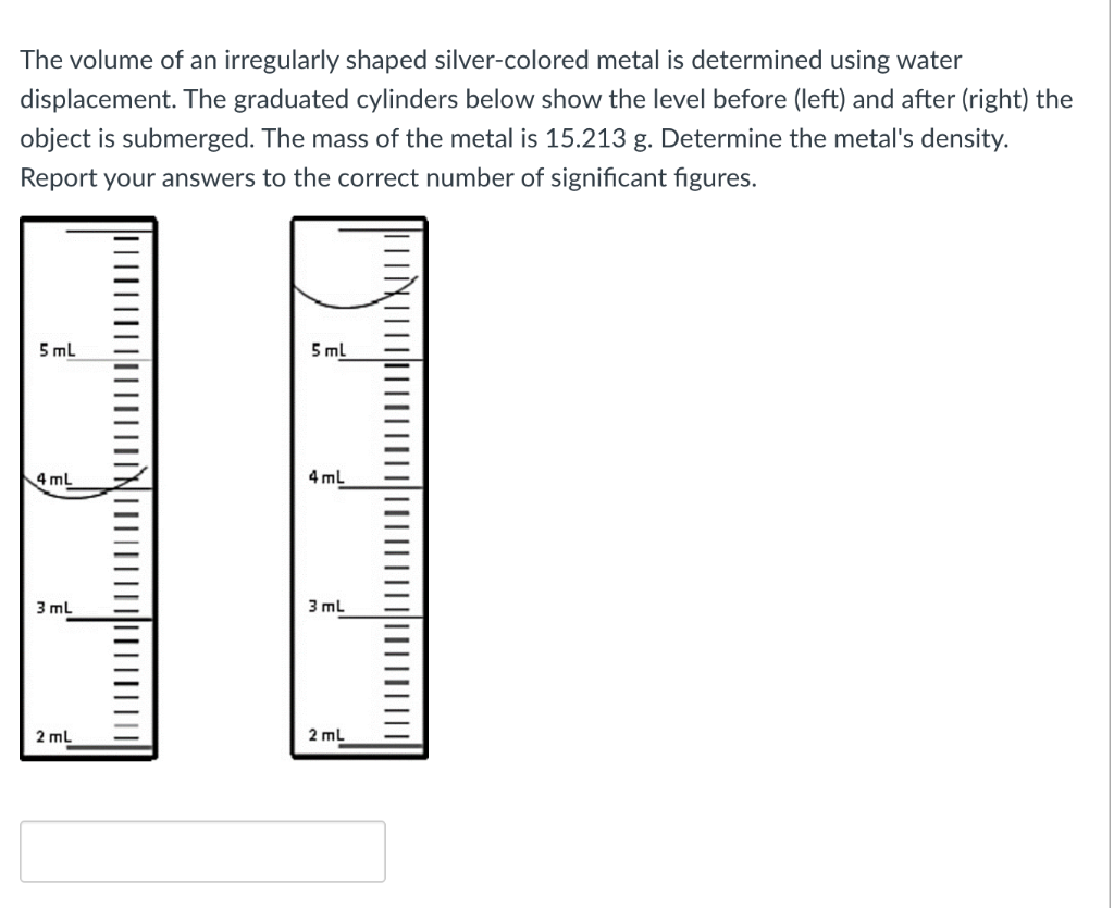 The Volume Of An Irregularly Shaped Silver Colored Metal Is Determined Using Water Displacement The Graduated Cylinders 1