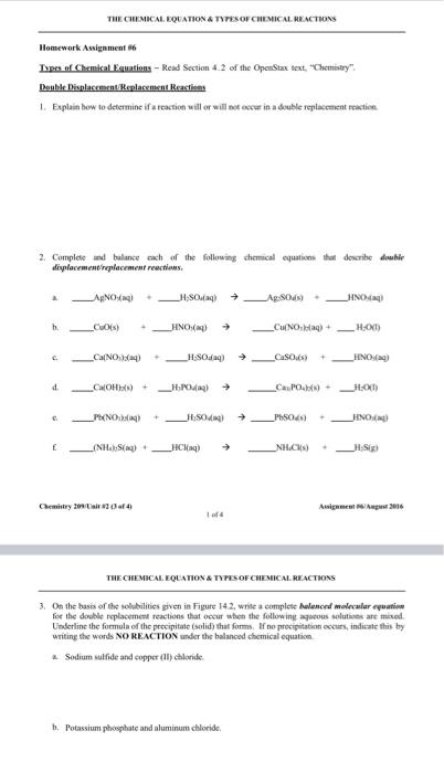 Homework Assignment 6 Ispes Of Chemical Equations Read Section 4 2 Of The Openstax Text Chemistry Double Displacem 1