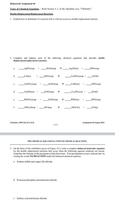 Homework Assignment 6 Ispes Of Chemical Equations Read Section 4 2 Of The Openstax Text Chemistry Double Displacem 4