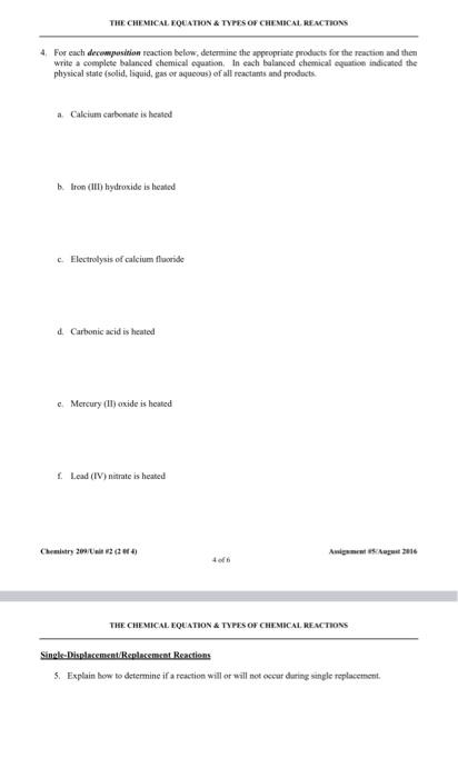 Homework Assignment 05 Types Of Chemical Equations Read Chapter 8 Sections 3 4 Of The Hein Text Foundations Of Colle 3