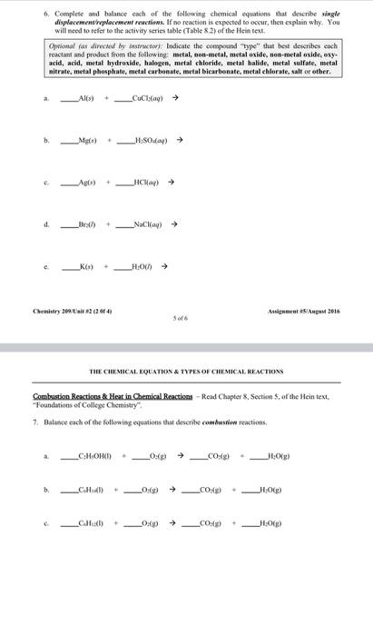 Homework Assignment 05 Types Of Chemical Equations Read Chapter 8 Sections 3 4 Of The Hein Text Foundations Of Colle 4