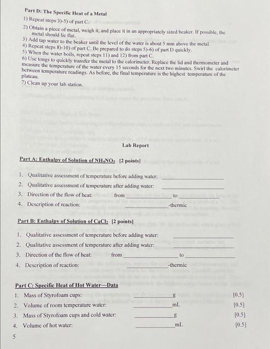 Introduction Lab 9 Calorimetry Part 2 30 Points Most Physical Processes And Chemical Reactions Cither Release Or Abs 5