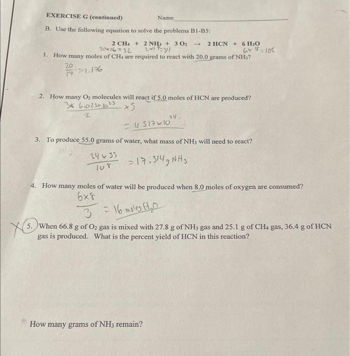 Exercise G Continued B Use The Following Equation To Solve The Problems B1 B5 Ich 2nh 30 70x16 32 2 17 31 1 1