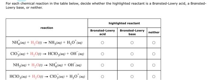 For Each Chemical Reaction In The Table Below Decide Whether The Highlighted Reactant Is A Bronsted Lowry Acid A Brons 1