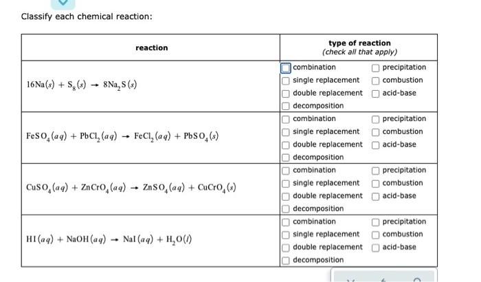 Classify Each Chemical Reaction Reaction 16na S S S 8na S S Feso Aq Pbcl Aq Fecl Aq Pbso S Cus 1