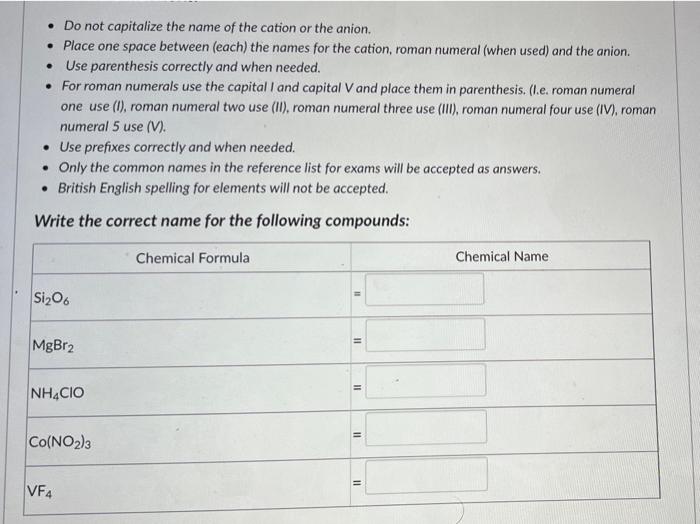 Do Not Capitalize The Name Of The Cation Or The Anion Place One Space Between Each The Names For The Cation Roma 1