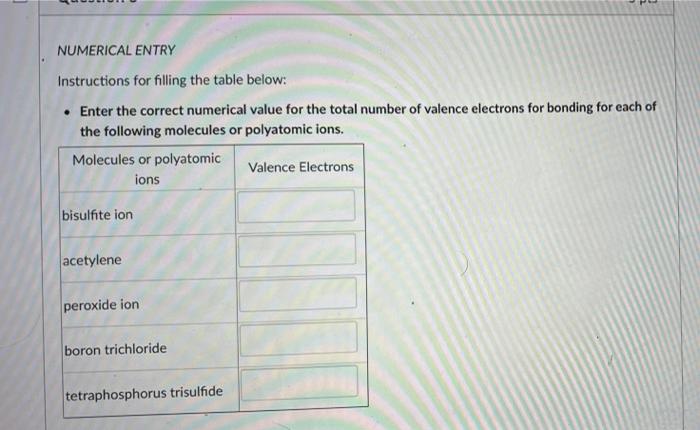 Numerical Entry Instructions For Filling The Table Below Enter The Correct Numerical Value For The Total Number Of Va 1