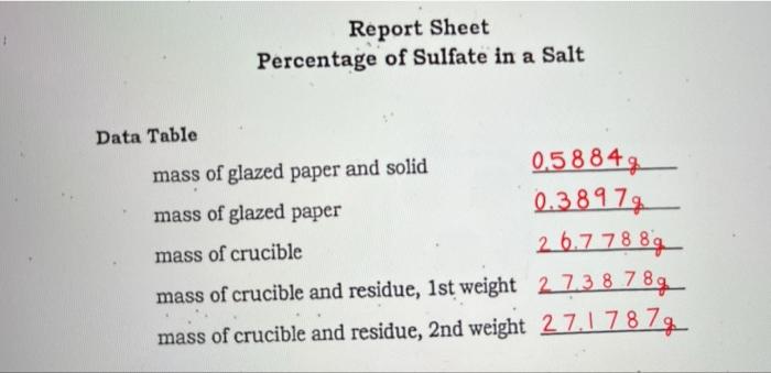 Data Table Report Sheet Percentage Of Sulfate In A Salt 0 5884g 0 3897 26 7788 Mass Of Glazed Paper And Solid Mass Of Gl 1