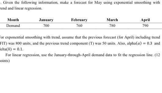 Given The Following Information Make A Forecast For May Using Exponential Smoothing With Rend And Linear Regression 1