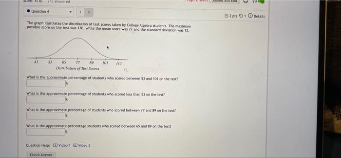 Score 4 10 475 Answered Question 4 The Graph Illustrates The Distribution Of Test Scores Taken By College Algebra Stude 1
