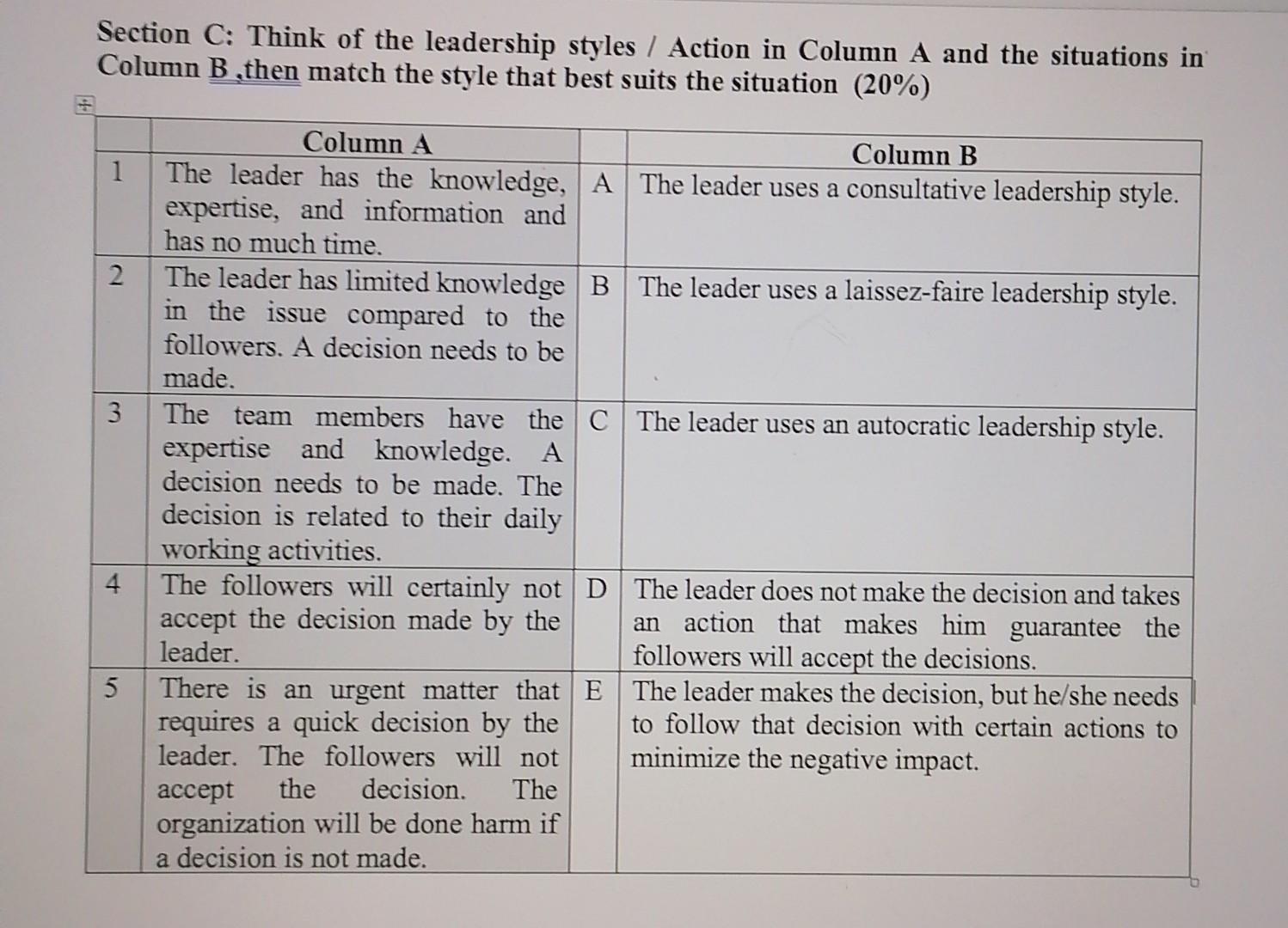 Section C Think Of The Leadership Styles Action In Column A And The Situations In Column B Then Match The Style That 1