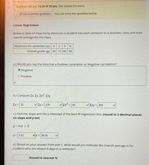 Score On Last Try 0 Of 15 Pts See Details For More Next Question Based On The Data Shown Below Calculate The Corre 3