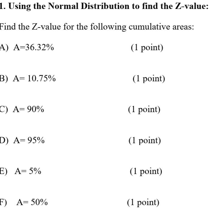 1 Using The Normal Distribution To Find The Z Value Find The Z Value For The Following Cumulative Areas A A 36 32 1