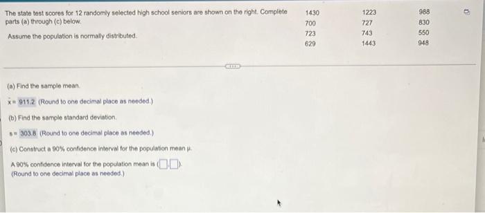 The State Test Scores For 12 Randomly Selected High School Seniors Are Shown On The Right Complete 1430 Parts A Throu 1