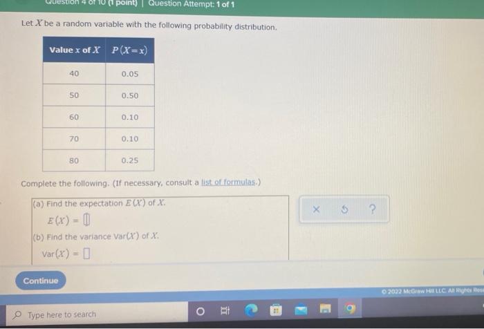 Point Question Attempt 1 Of 1 Let X Be A Random Variable With The Following Probability Distribution Value X Of X P 1