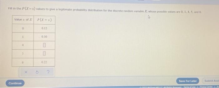 Fill In The P X X Values To Give A Legitimate Probability Distribution For The Discrete Random Variable X Whose Possib 1
