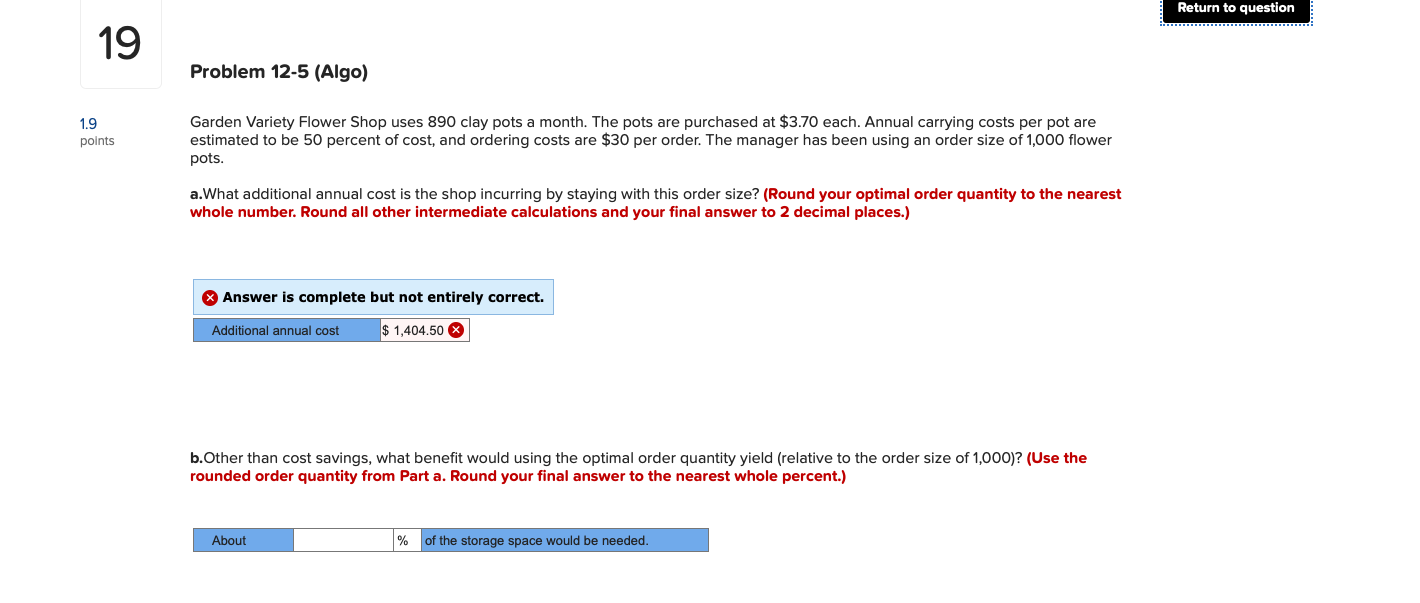 Return To Question 19 Problem 12 5 Algo 1 9 Points Garden Variety Flower Shop Uses 890 Clay Pots A Month The Pots Are 1
