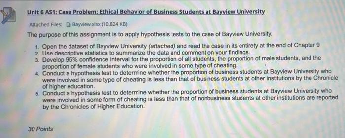 Unit 6 As1 Case Problem Ethical Behavior Of Business Students At Bayview University Attached Files Bayview Xlsx 10 8 1