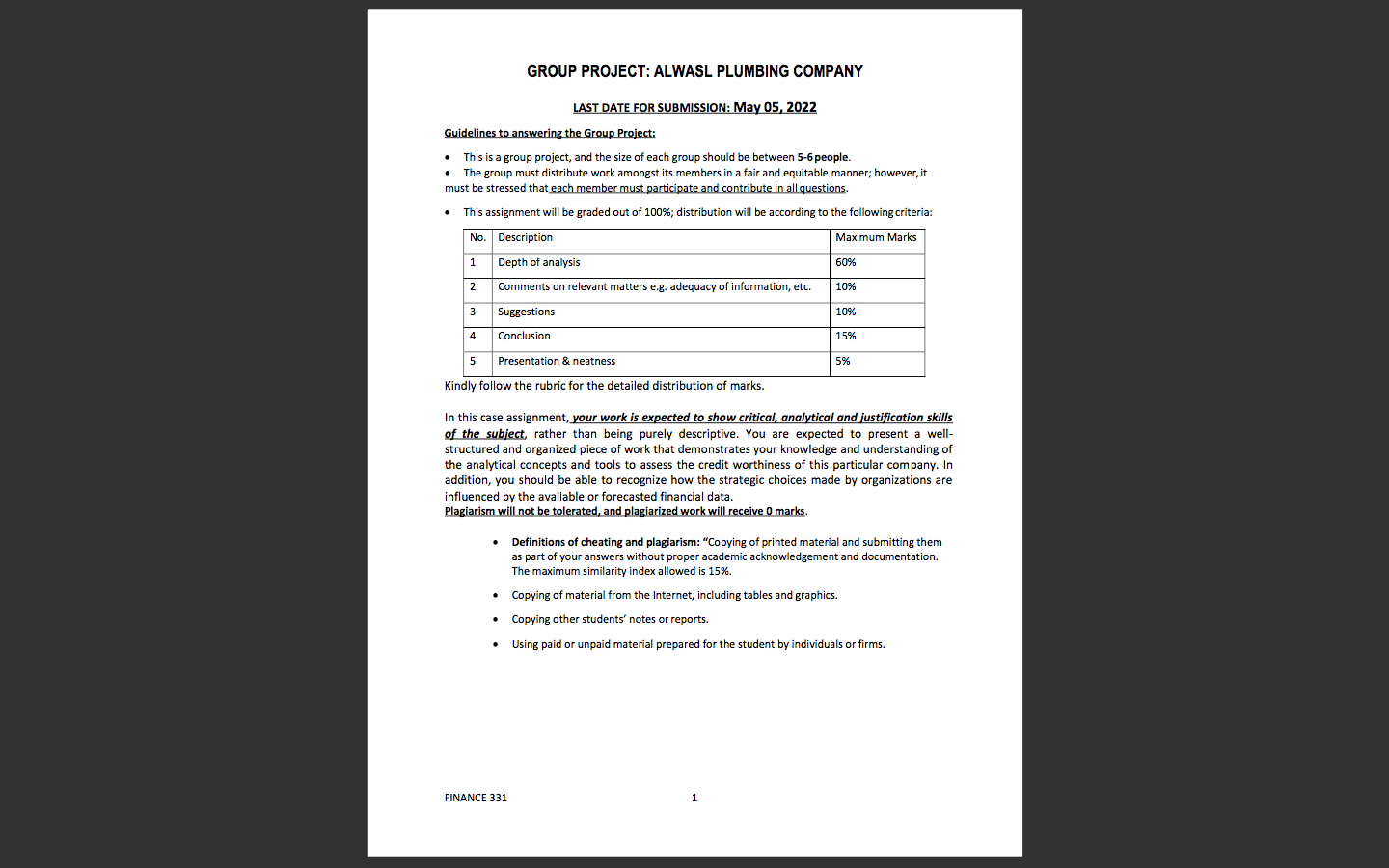 Group Project Alwasl Plumbing Company Last Date For Submission May 05 2022 Guidelines To Answering The Group Project 1