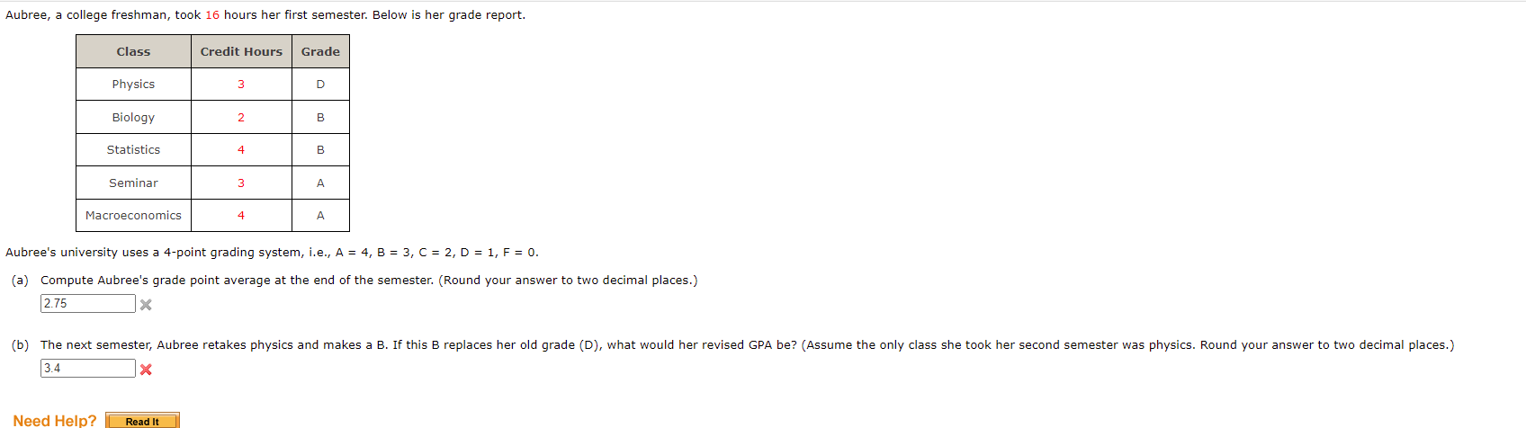 Aubree A College Freshman Took 16 Hours Her First Semester Below Is Her Grade Report Class Physics Biology Need Help 1