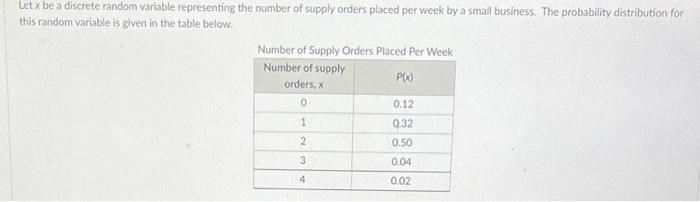 Let X Be A Discrete Random Variable Representing The Number Of Supply Orders Placed Per Week By A Small Business The Pr 1