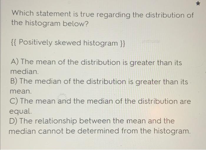 Which Statement Is True Regarding The Distribution Of The Histogram Below Positively Skewed Histogram A The Mean 1