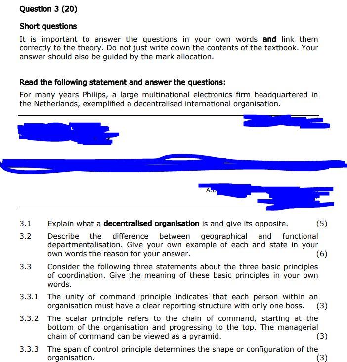 Question 3 20 Short Questions It Is Important To Answer The Questions In Your Own Words And Link Them Correctly To The 1