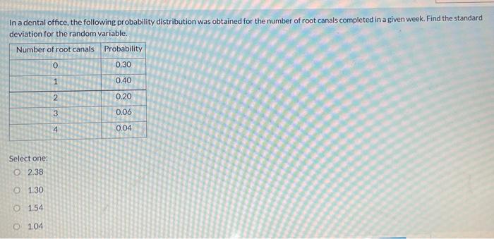 In A Dental Office The Following Probability Distribution Was Obtained For The Number Of Root Canals Completed In A Giv 1