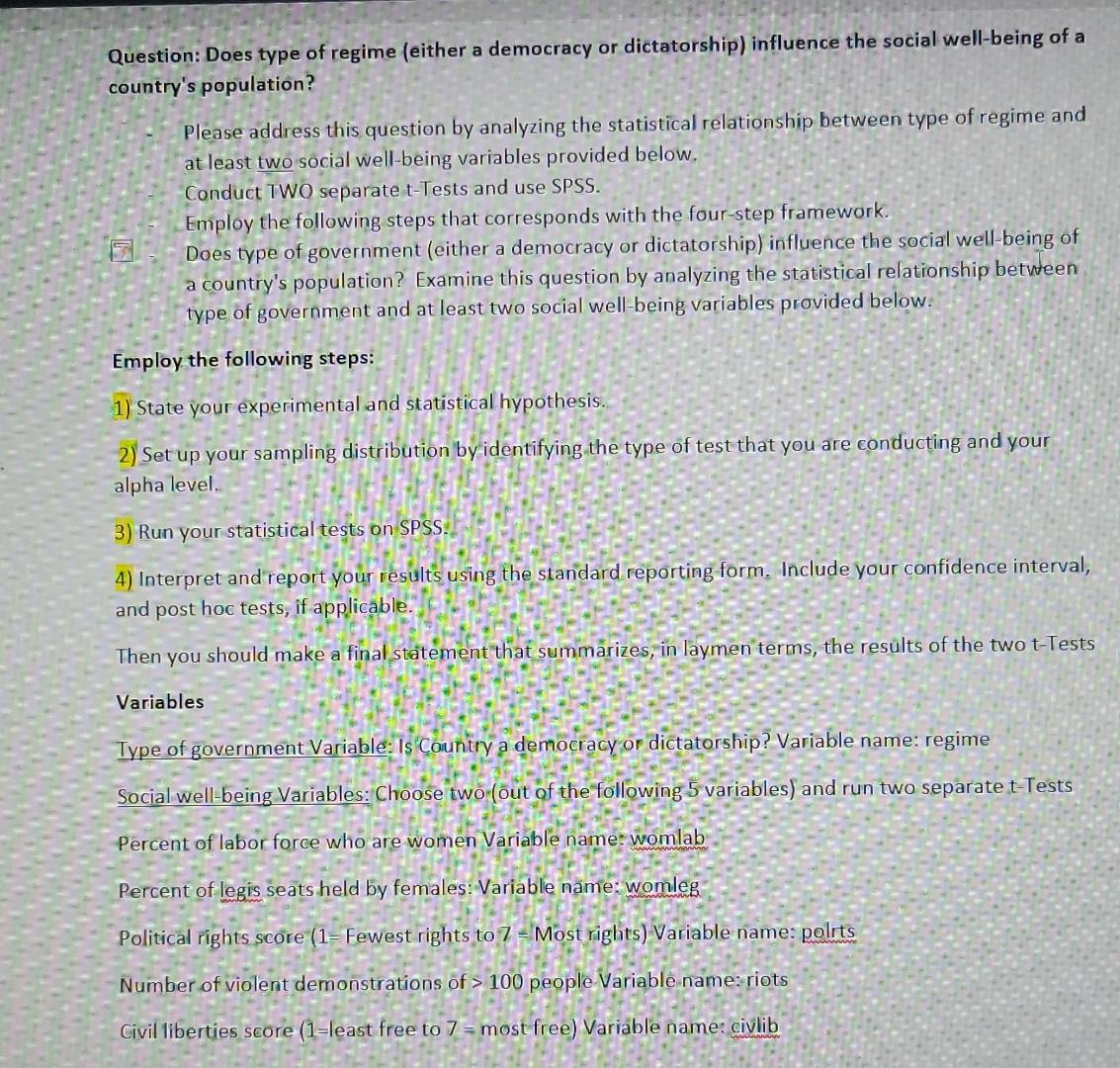 Question Does Type Of Regime Either A Democracy Or Dictatorship Influence The Social Well Being Of A Country S Popula 1