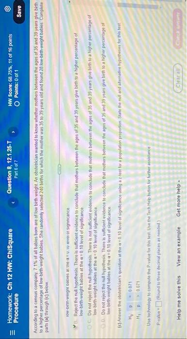 Homework Ch 12 Hw Chisquare Procedure Question 8 12 1 25 T Part 6 Of 7 Hw Score 68 75 11 Of 16 Points O Points 0 2