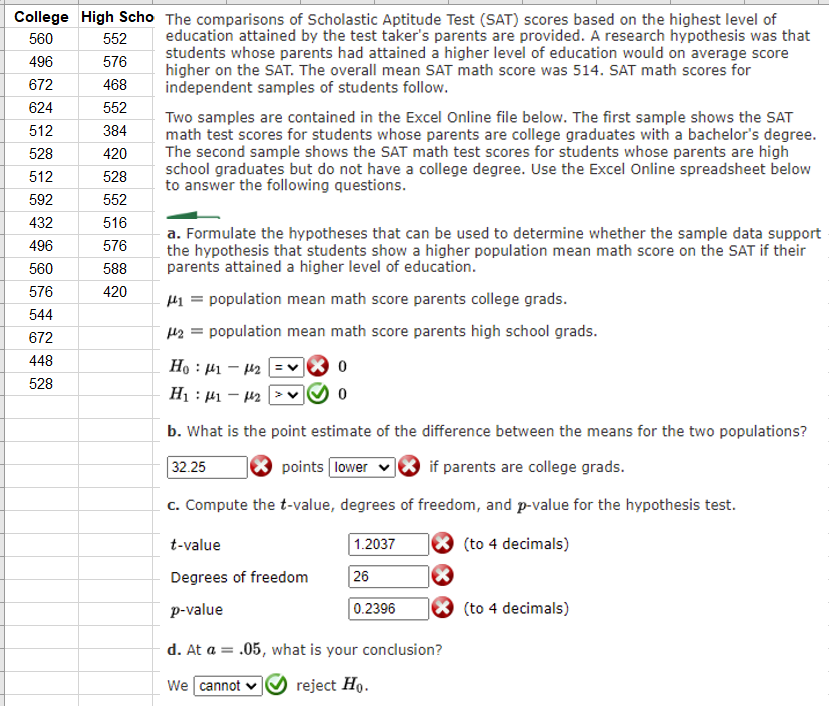 College High Scho The Comparisons Of Scholastic Aptitude Test Sat Scores Based On The Highest Level Of 560 552 496 576 1