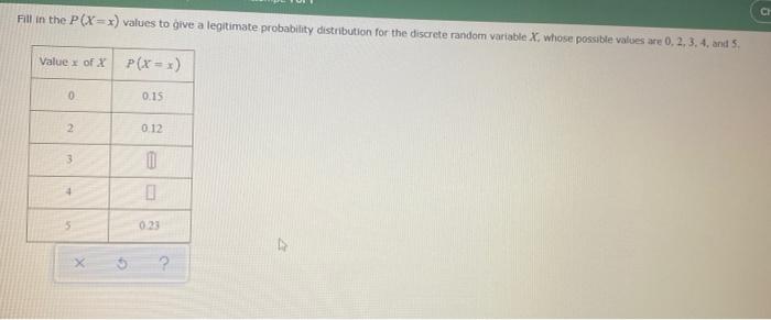 Fill In The P X X Values To Give A Legitimate Probability Distribution For The Discrete Random Variable X Whose Possib 1