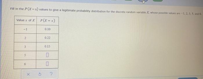 Fill In The P X X Values To Give A Legitimate Probability Distribution For The Discrete Random Variable X Whose Possib 1